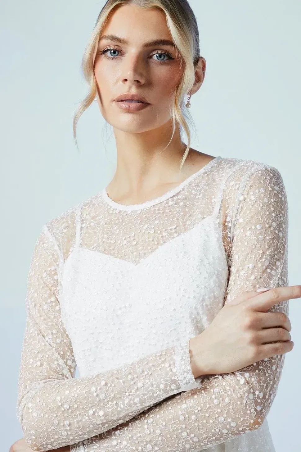 Embellished Mesh Long Sleeve Full Skirted Wedding Dress