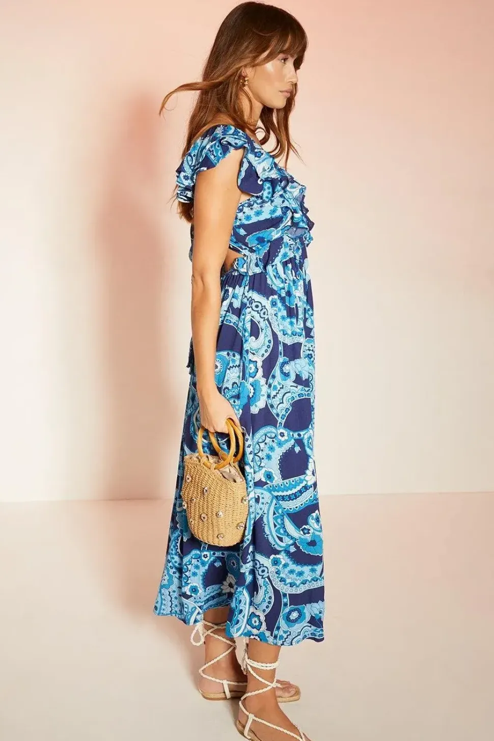 Embellished Paisley Floral Ruffle Midi Dress