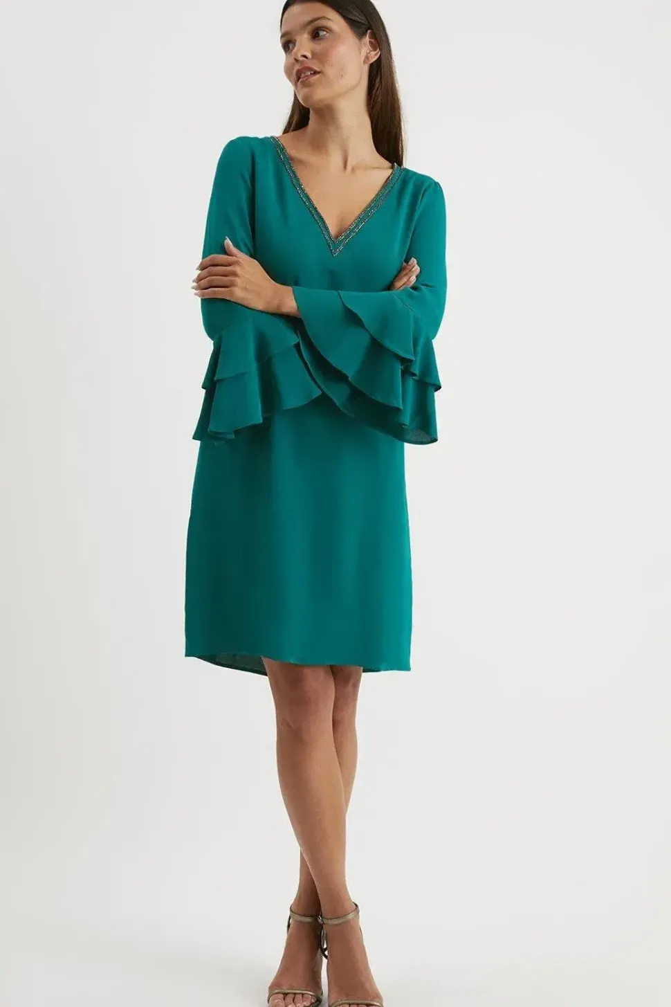 Embellished Ruffle Sleeve Shift Dress