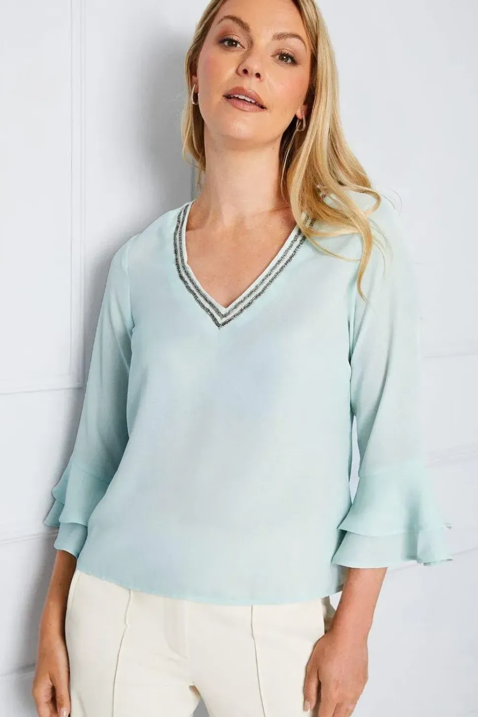 Embellished Ruffle Sleeve Top