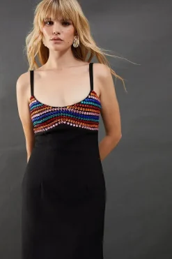 Embellished Sequin Cup Square Neck Fitted Midi Dress