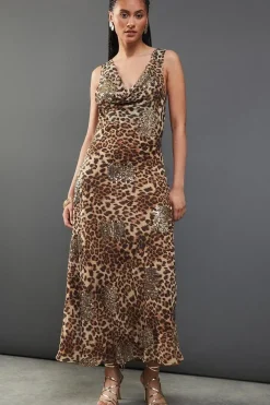 Embellished Sequin Leopard Chiffon Cowl Neck Bias Cut Midaxi Dress