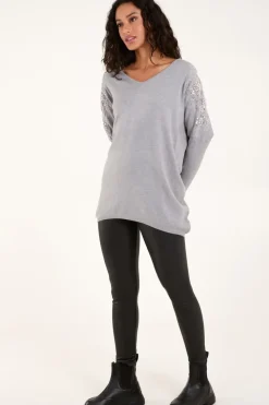 Embellished Shoulder V Neck Jumper