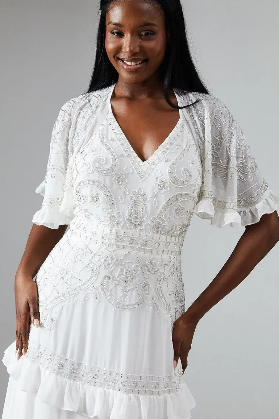 Embellished Tiered Wedding Dress With Cape Sleeve