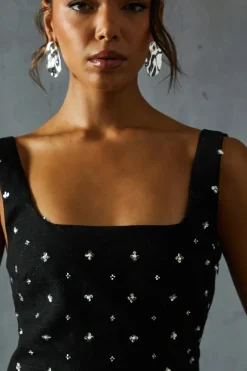 Embellished Tweed Square Neck A-line Mini Dress