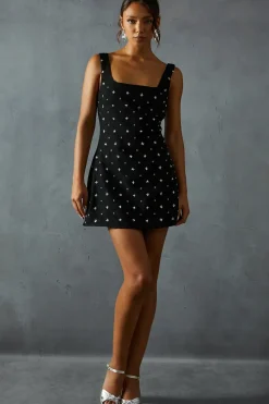 Embellished Tweed Square Neck A-line Mini Dress