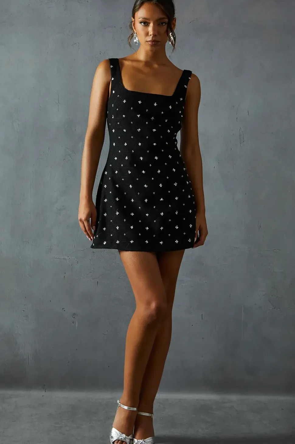 Embellished Tweed Square Neck A-line Mini Dress