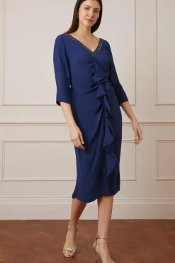 Embellished Viscose Satin Ruffle Midi Dress