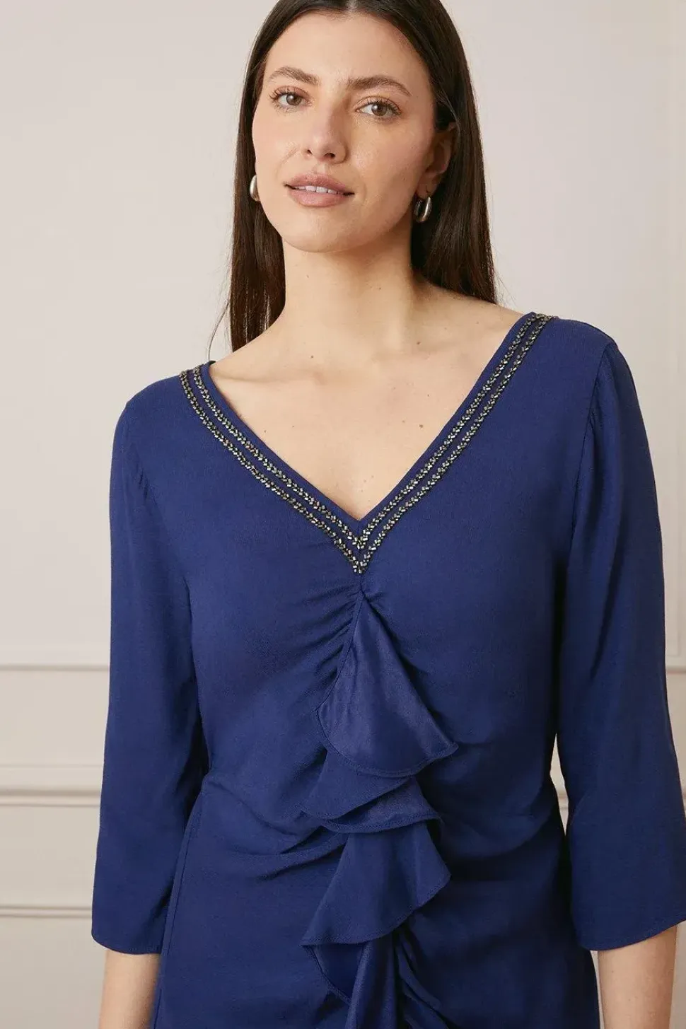 Embellished Viscose Satin Ruffle Midi Dress