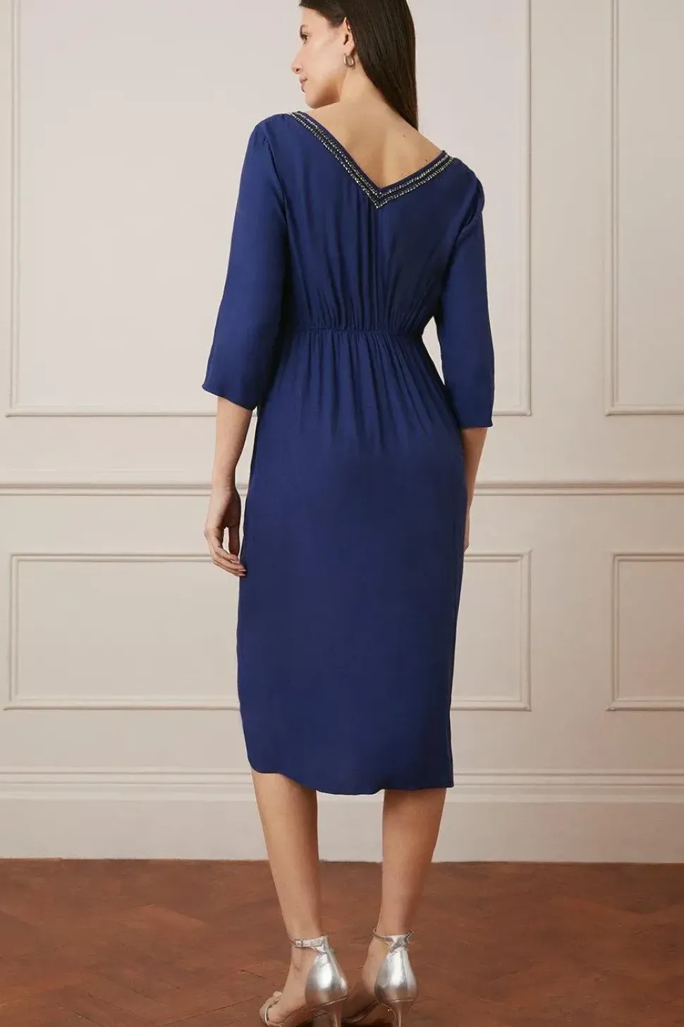 Embellished Viscose Satin Ruffle Midi Dress