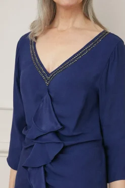 Embellished Viscose Satin Ruffle Midi Dress