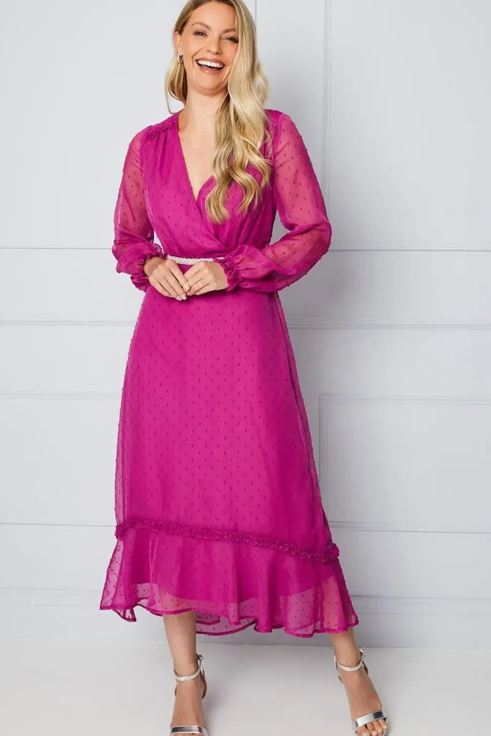 Embellished Waist Ruffle Midi Dress
