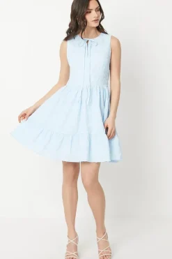 Embroidered Cotton Tie Neckline Tiered Mini Dress