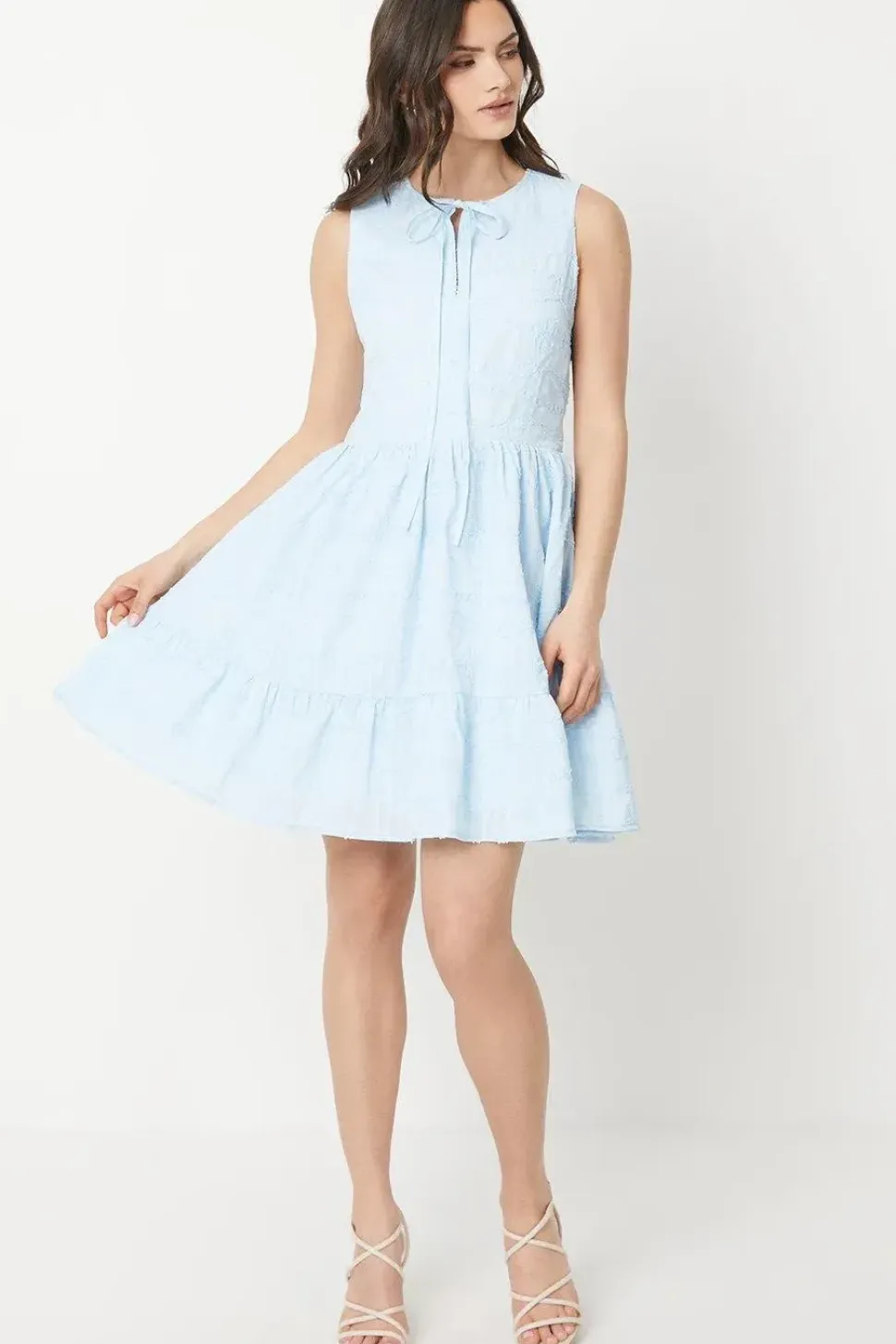 Embroidered Cotton Tie Neckline Tiered Mini Dress