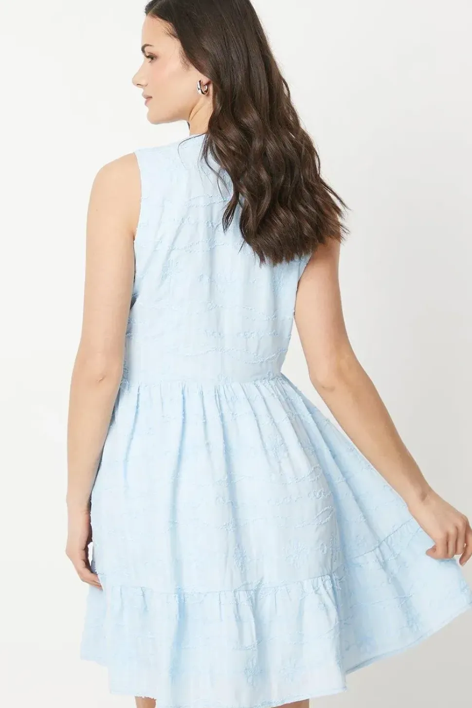Embroidered Cotton Tie Neckline Tiered Mini Dress