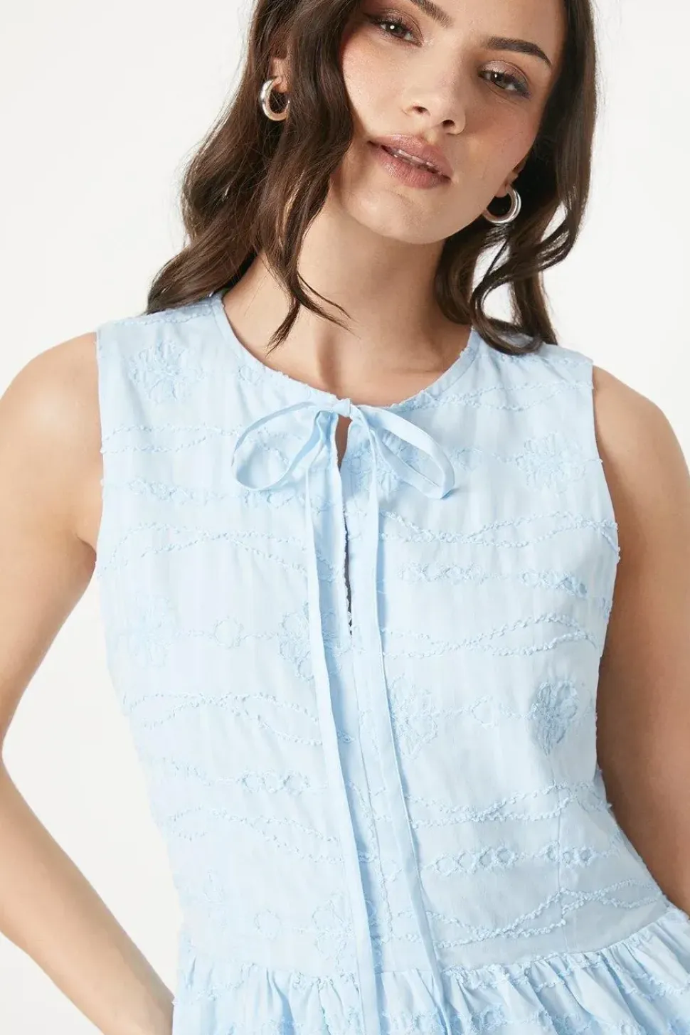 Embroidered Cotton Tie Neckline Tiered Mini Dress