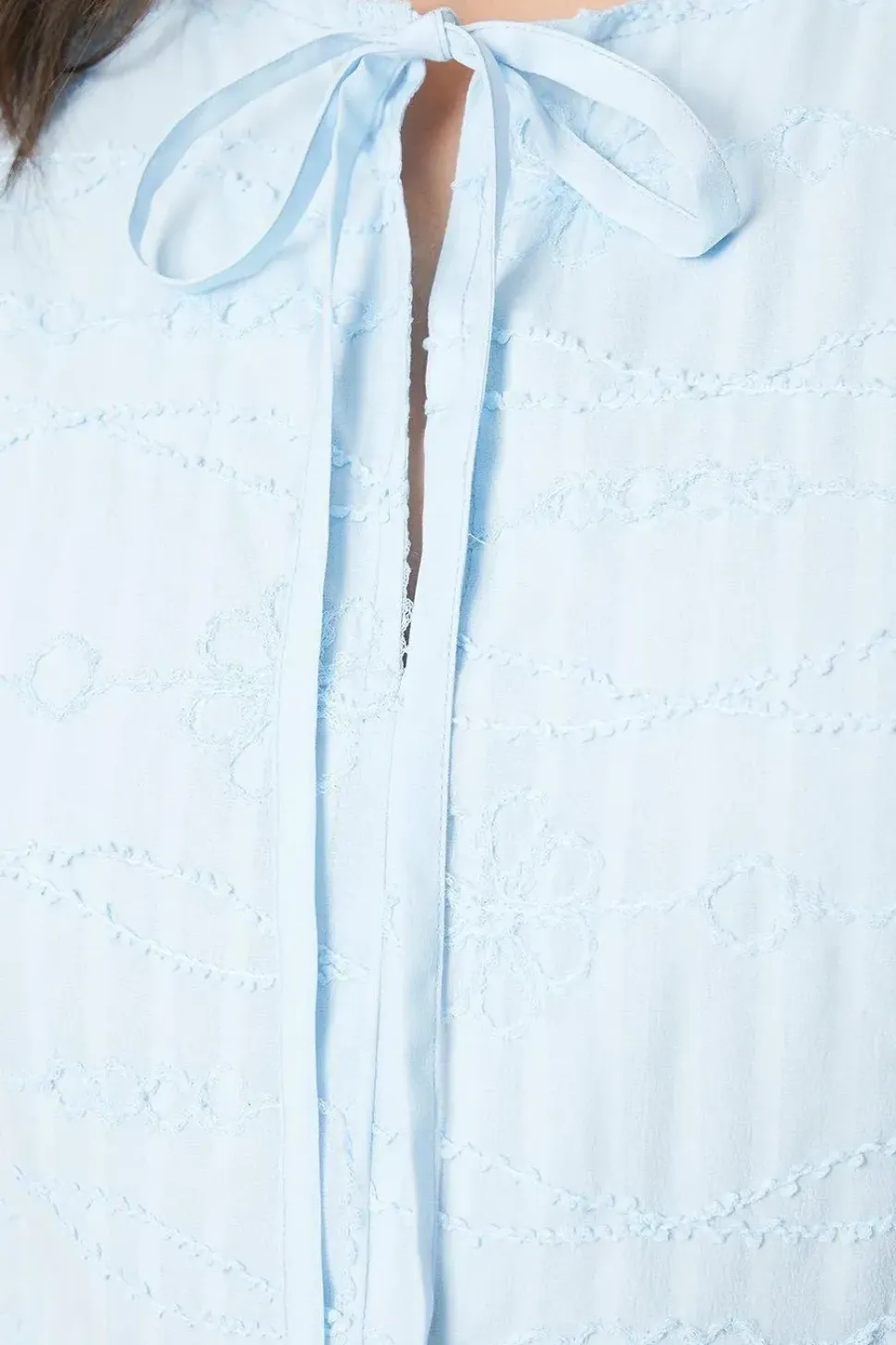 Embroidered Cotton Tie Neckline Tiered Mini Dress