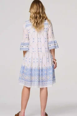 Embroidered 3/4 Flared Sleeve Short Smock Dress