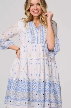 Embroidered 3/4 Flared Sleeve Short Smock Dress