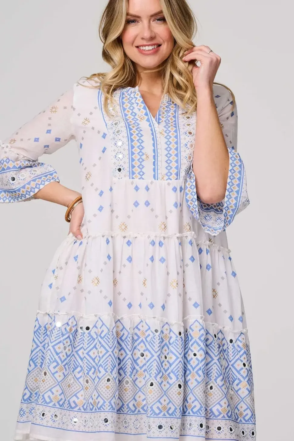 Embroidered 3/4 Flared Sleeve Short Smock Dress