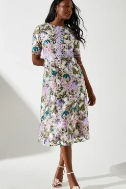 Embroidered Floral With Laid On Lace Midi Dress
