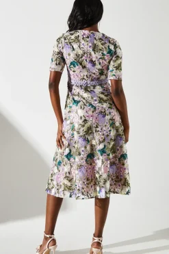 Embroidered Floral With Laid On Lace Midi Dress
