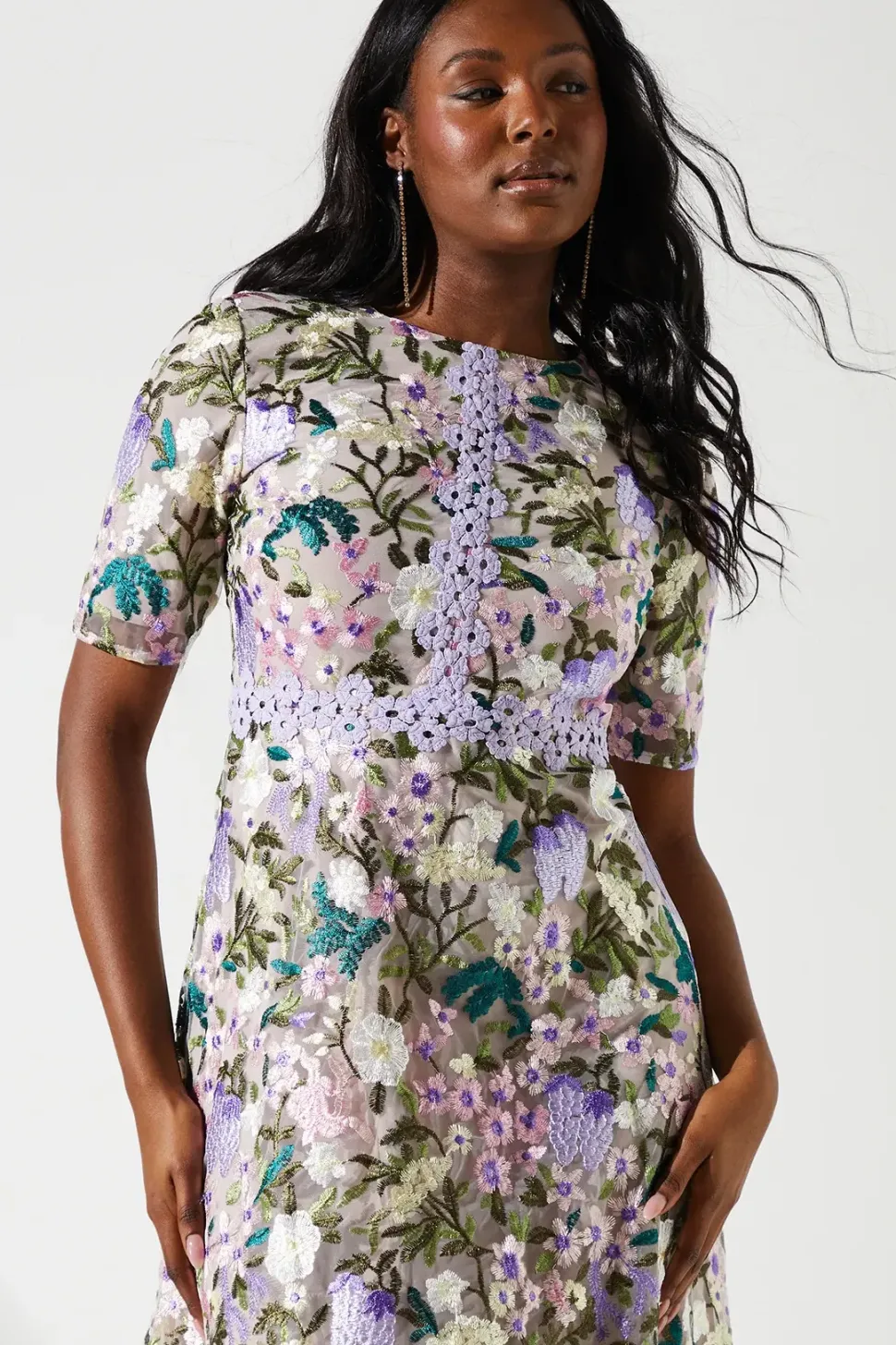 Embroidered Floral With Laid On Lace Midi Dress