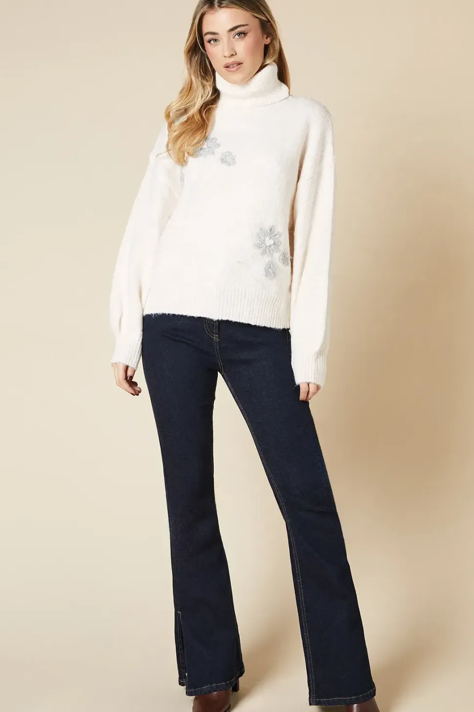 Embroidered Flower Detail Roll Neck Jumper