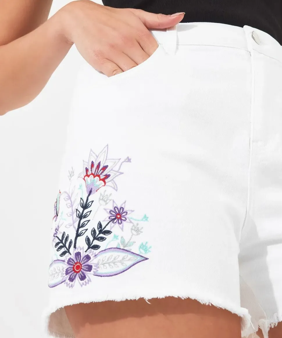 Embroidered High Waisted Denim Shorts