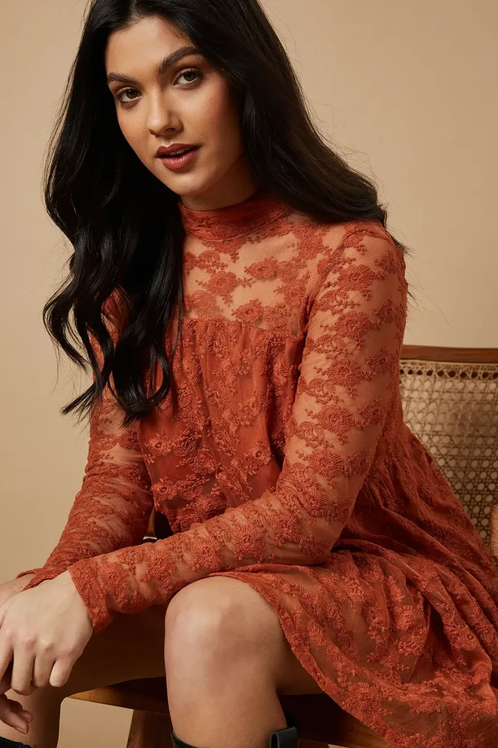 Embroidered Mesh High Neck Tier Smock Mini Dress