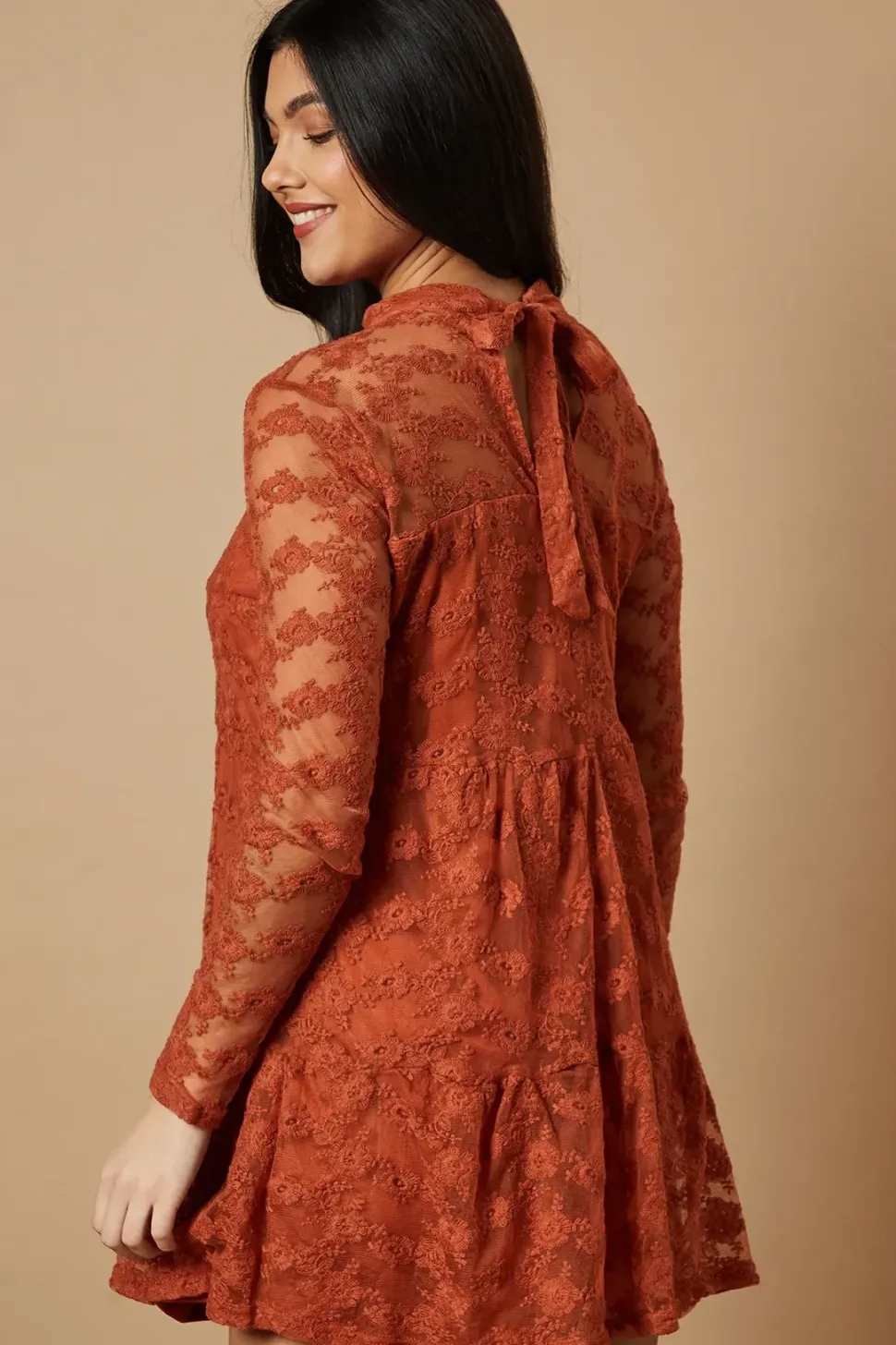 Embroidered Mesh High Neck Tier Smock Mini Dress