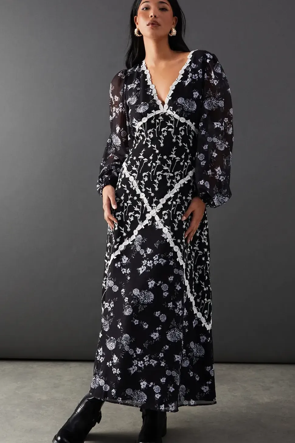 Embroidered Mixed Print Lace Trim Plunge Neck Midi Dress