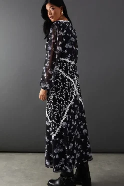 Embroidered Mixed Print Lace Trim Plunge Neck Midi Dress