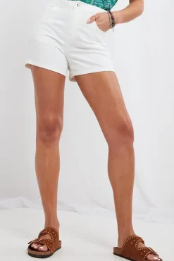 Embroidered Pocket Classic White Denim Shorts