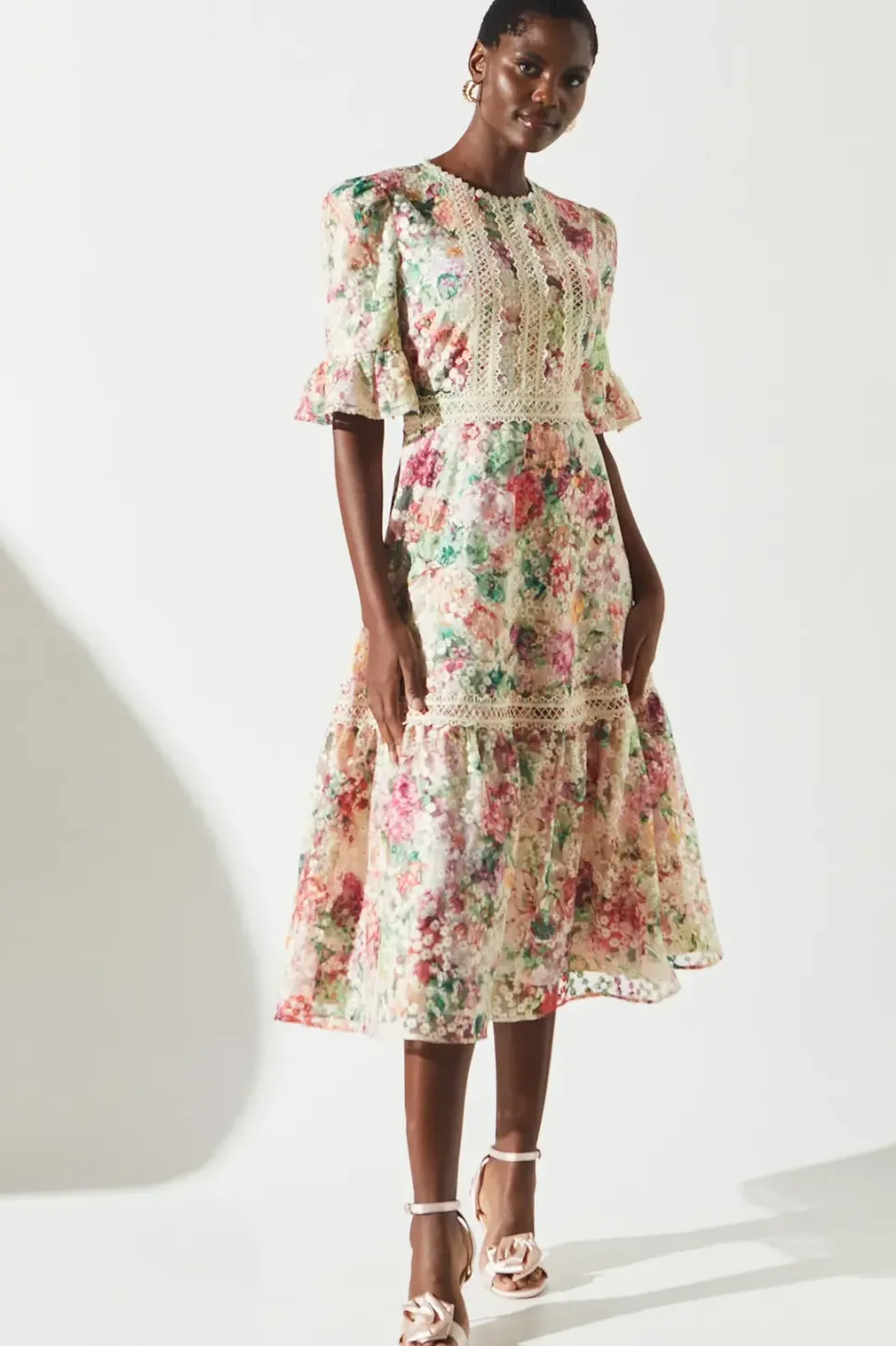 Embroidered Printed Tiered Dress