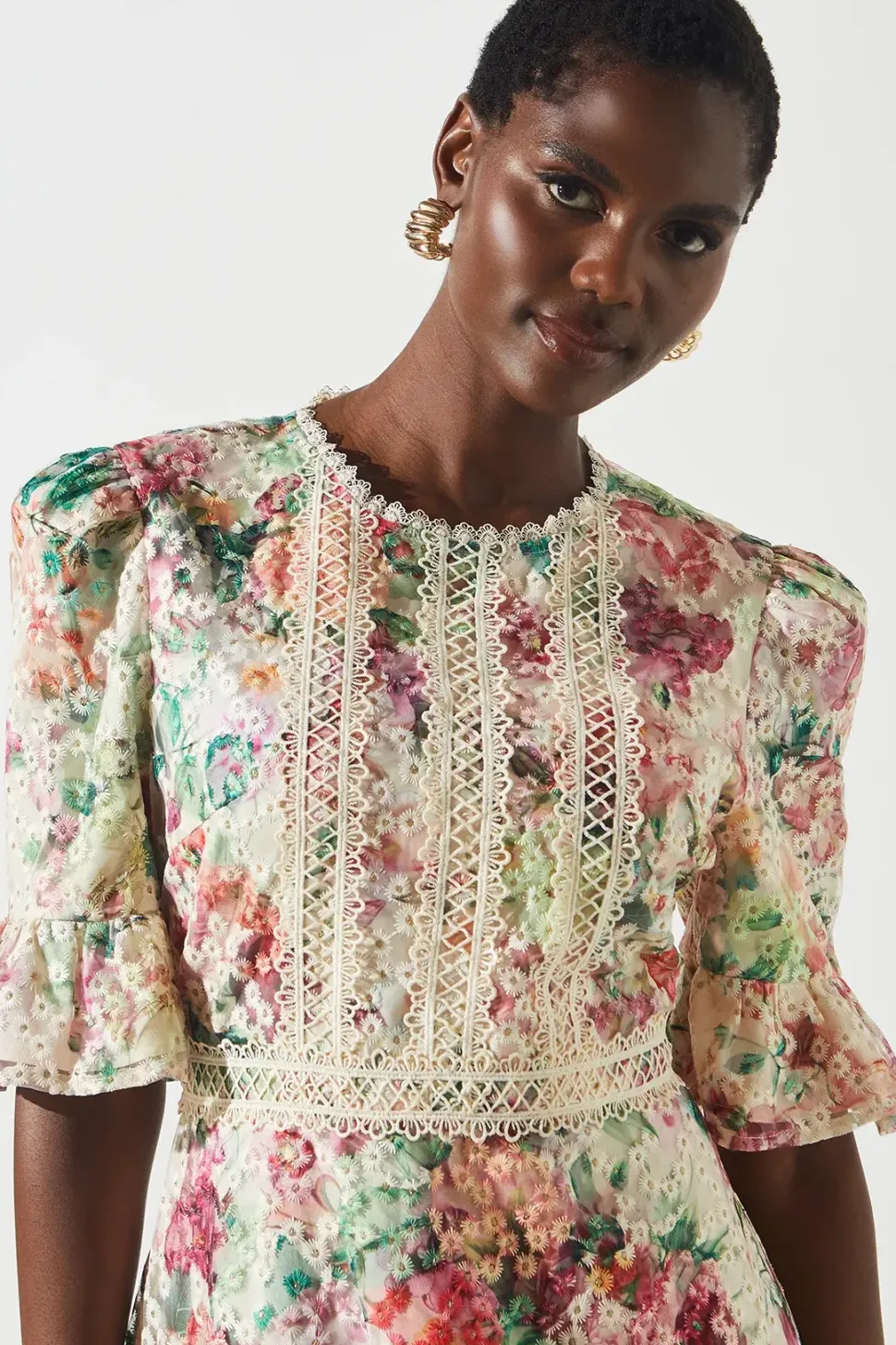 Embroidered Printed Tiered Dress