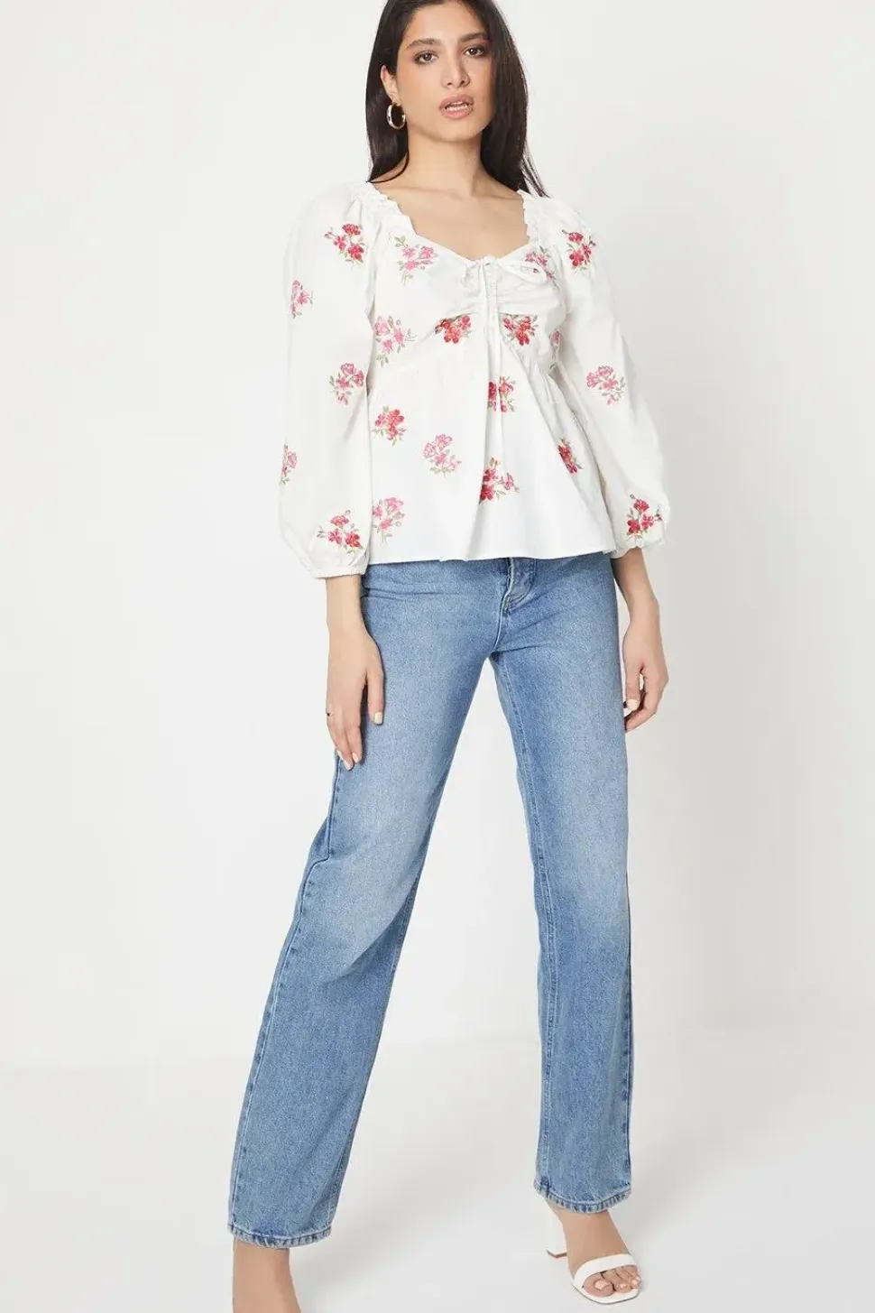 Embroidered Ruched Front Blouse