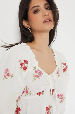 Embroidered Ruched Front Blouse