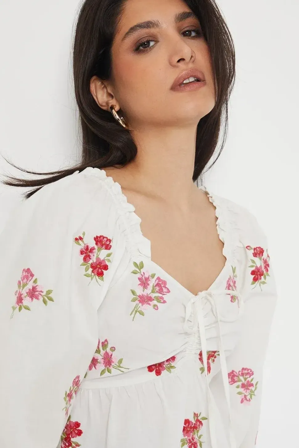 Embroidered Ruched Front Blouse