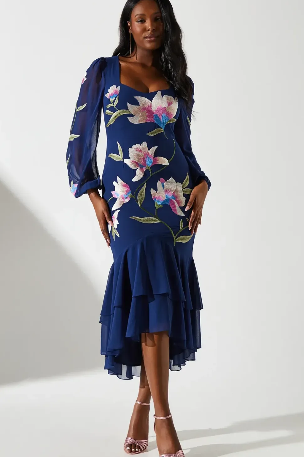 Embroidered Ruffle Long Sleeve Dress