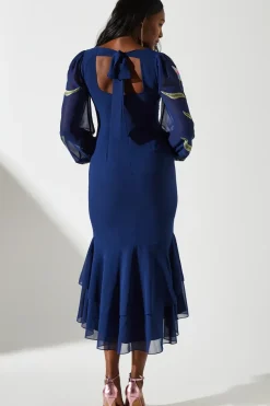 Embroidered Ruffle Long Sleeve Dress
