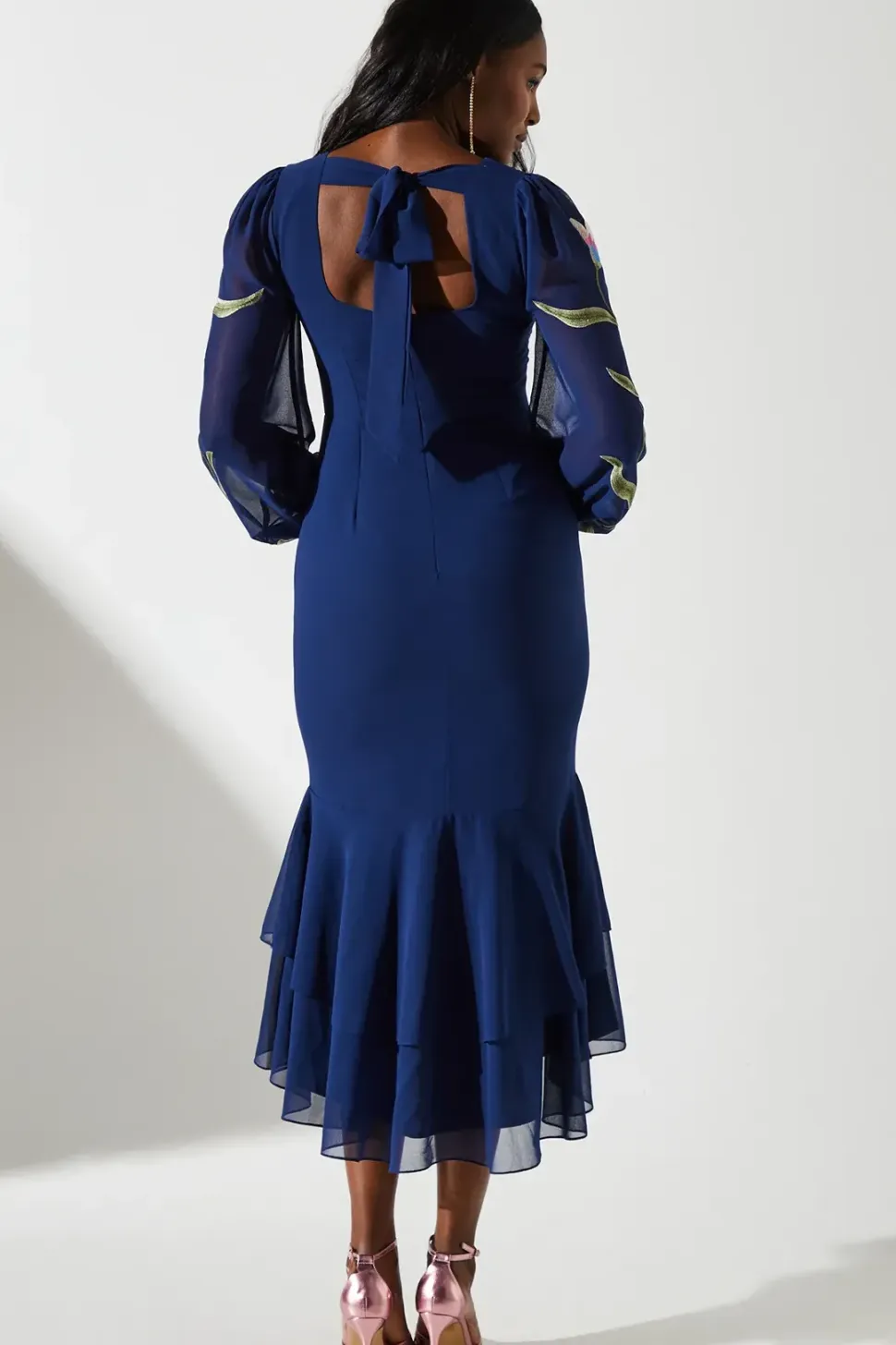Embroidered Ruffle Long Sleeve Dress