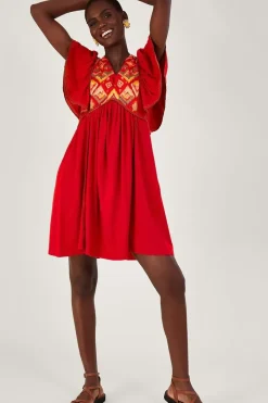 Embroidered Ruffle Sleeve Jersey Dress