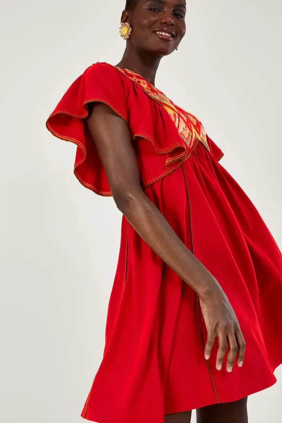 Embroidered Ruffle Sleeve Jersey Dress
