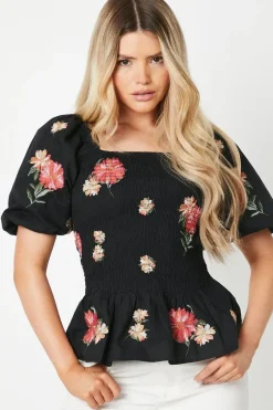 Embroidered Shirred Bodice Blouse