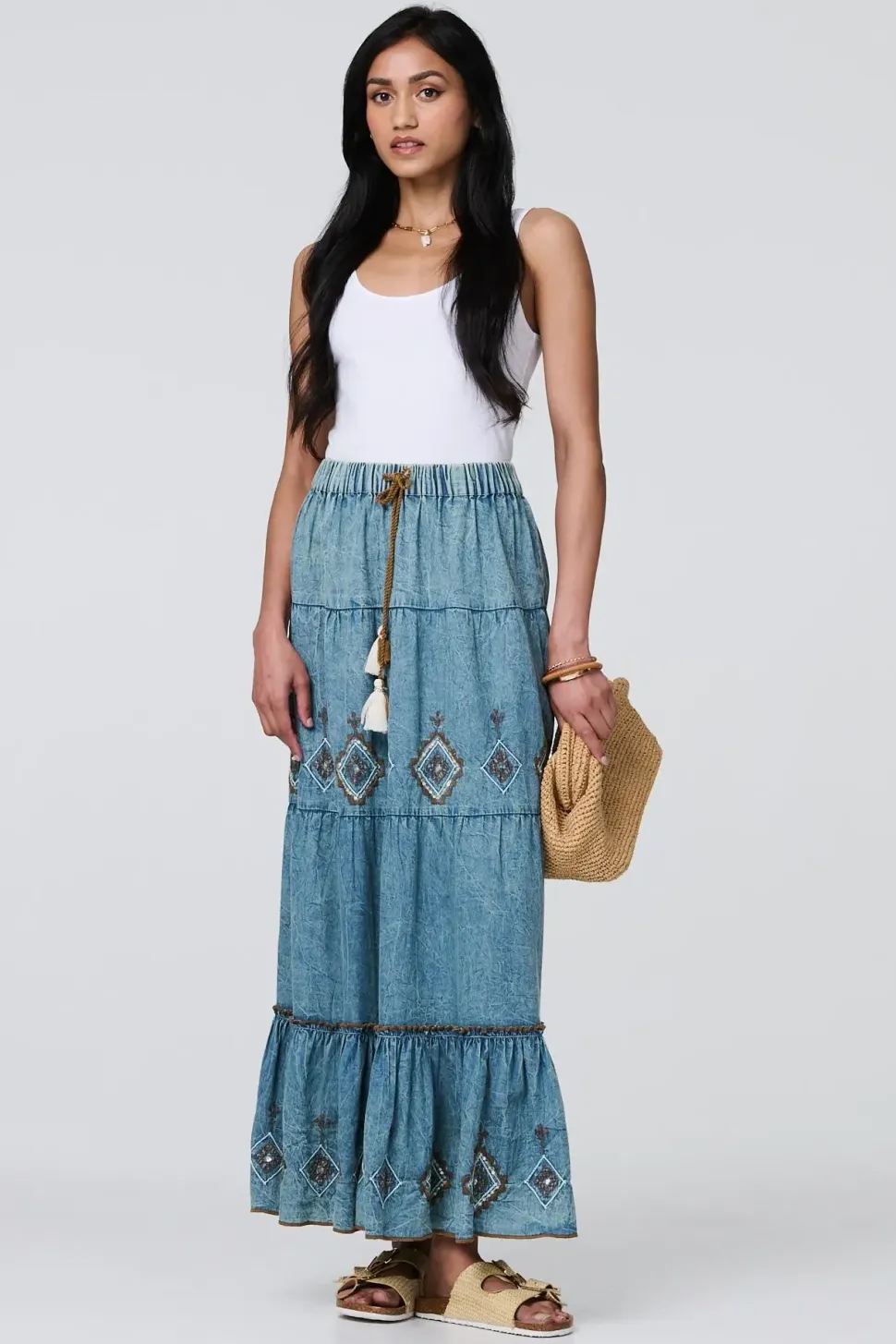 Embroidered Tiered Tassel Waist Maxi Skirt