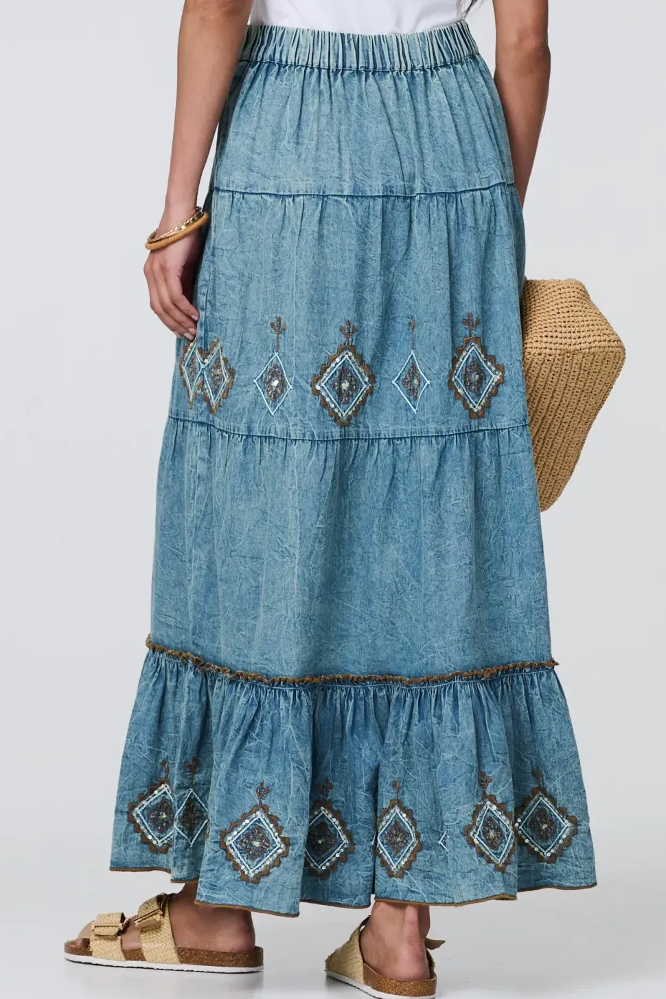 Embroidered Tiered Tassel Waist Maxi Skirt