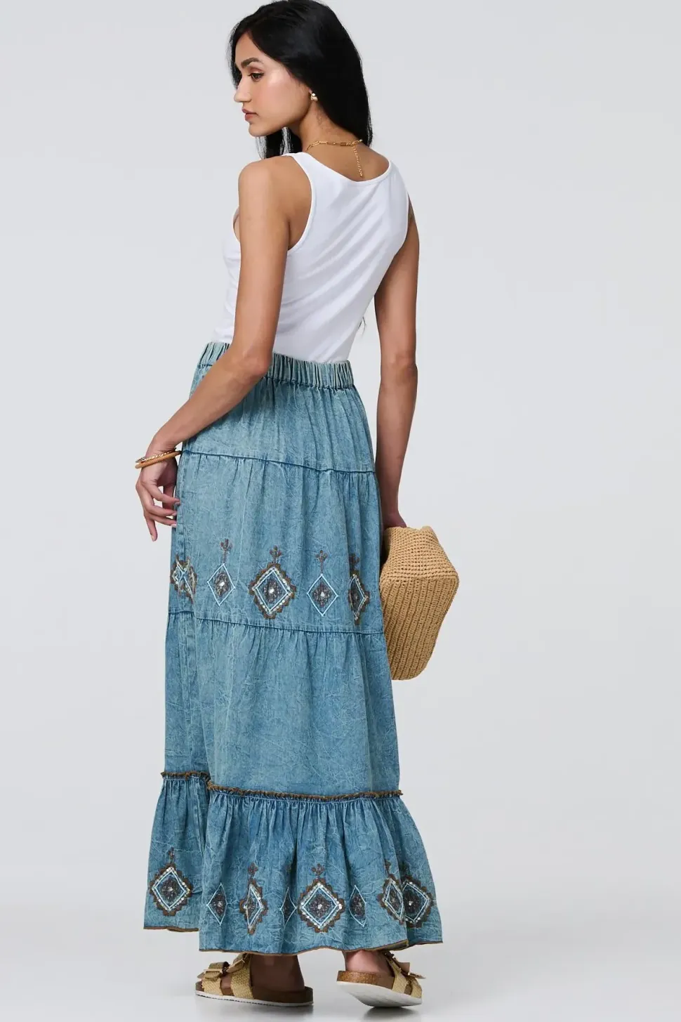Embroidered Tiered Tassel Waist Maxi Skirt