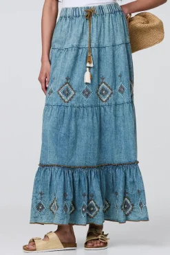 Embroidered Tiered Tassel Waist Maxi Skirt