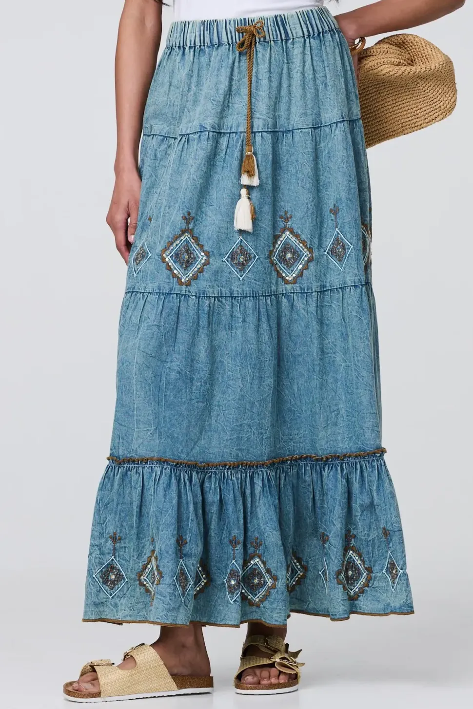Embroidered Tiered Tassel Waist Maxi Skirt